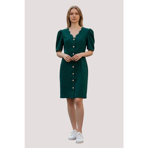 Vintage 80s Bodycon Scallop Puff Sleeve Pearl Button Green Party Dress Size 0